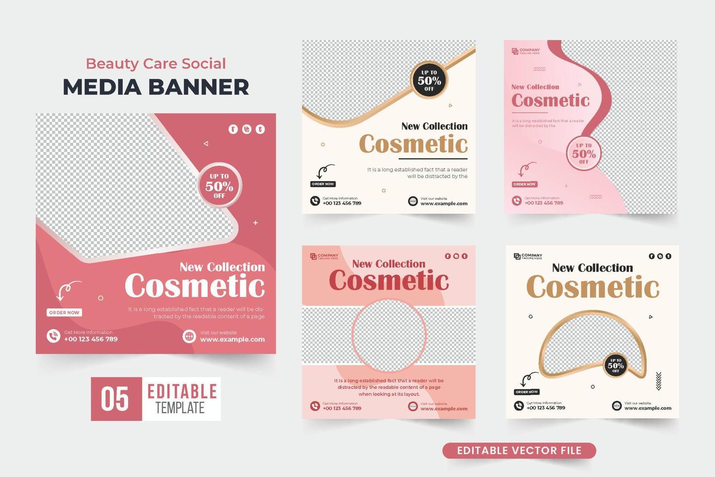 Beauty Care Social Media Template Collection Design mit goldenen und rosa Farben. Vorlagenbündel für kosmetische Geschäftsanzeigen für Marketing. moderner Schönheitsprodukt-Verkaufsplakat-Set-Vektor. vektor