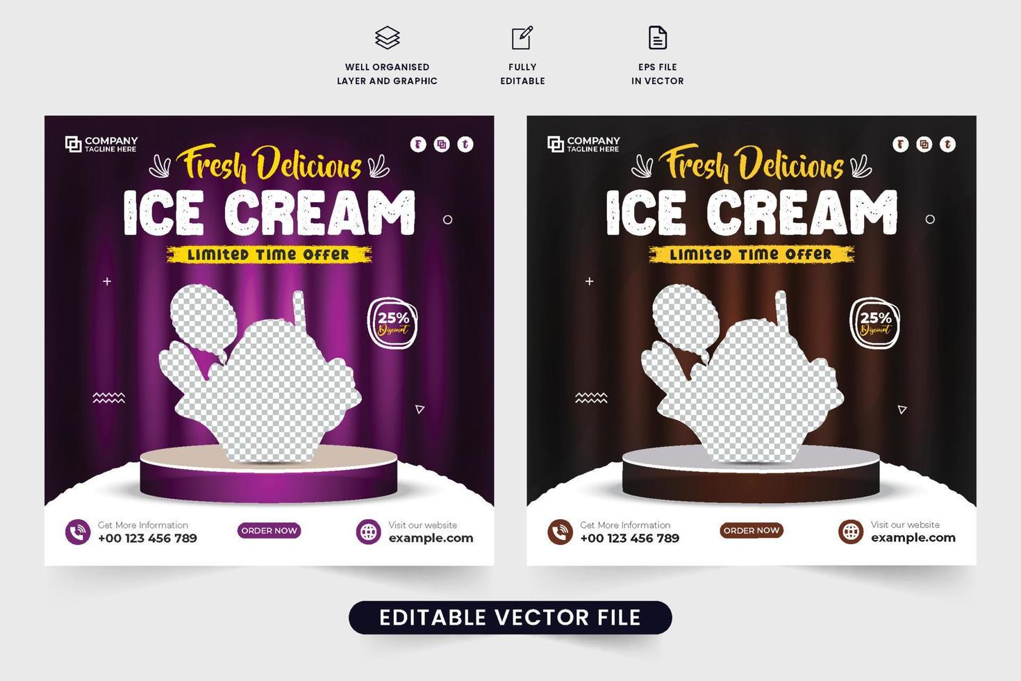 frisches eisverkaufsvorlagendesign mit dunklen und lila farben. Web-Banner-Vektor für köstliche Speisen und Desserts mit Foto-Platzhaltern. spezielles Vorlagendesign für Eiscreme-Werbung. vektor