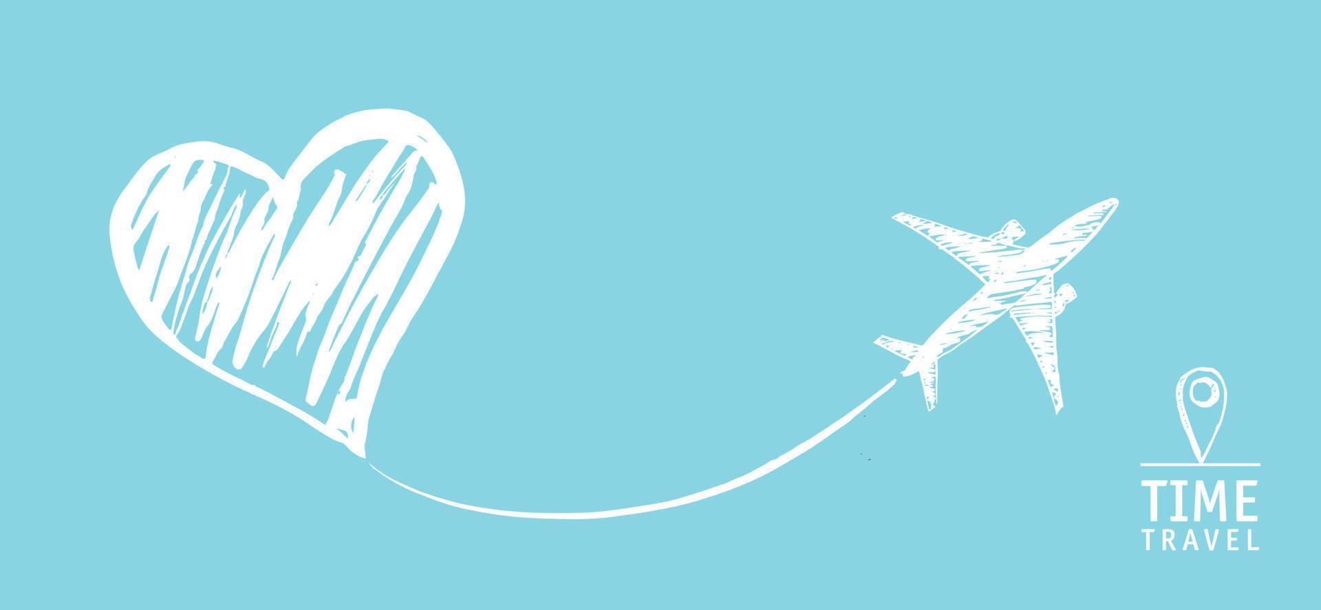 Zeitreise. Das Flugzeug zeichnete ein Herz. handgezeichnete Illustrationen. vektor