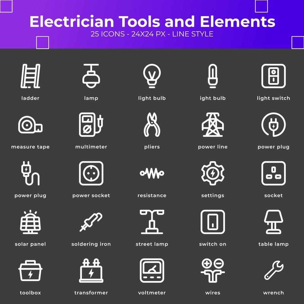 Elektriker-Werkzeuge und Elemente-Icon-Pack vektor