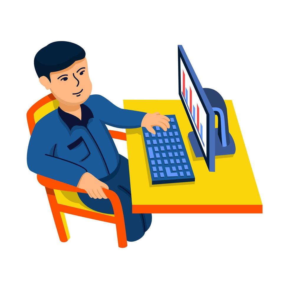 Illustration einer Person, die an einem Computer arbeitet, blaue, gelbe und violette Farben vektor