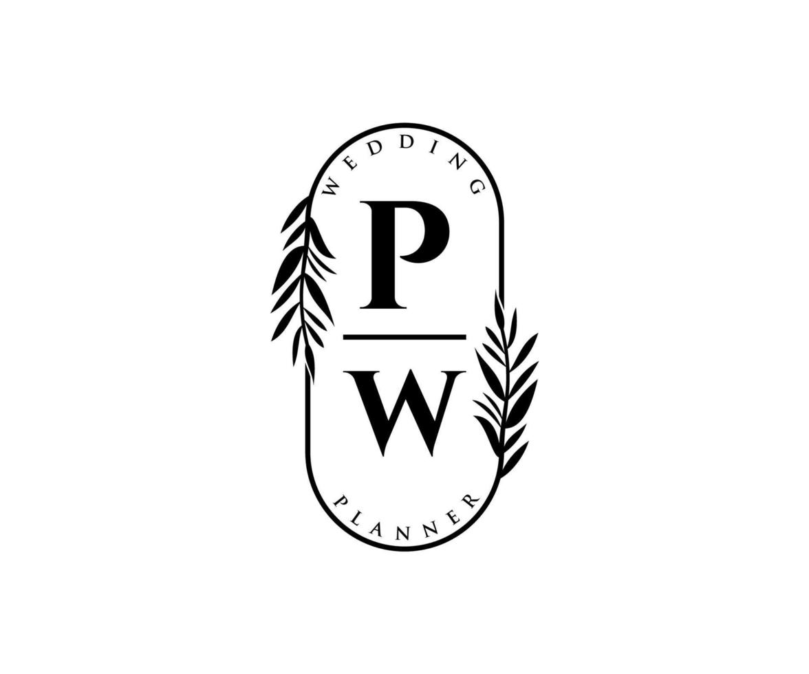 pw initialen brief hochzeitsmonogramm logos sammlung, handgezeichnete moderne minimalistische und florale vorlagen für einladungskarten, save the date, elegante identität für restaurant, boutique, café im vektor