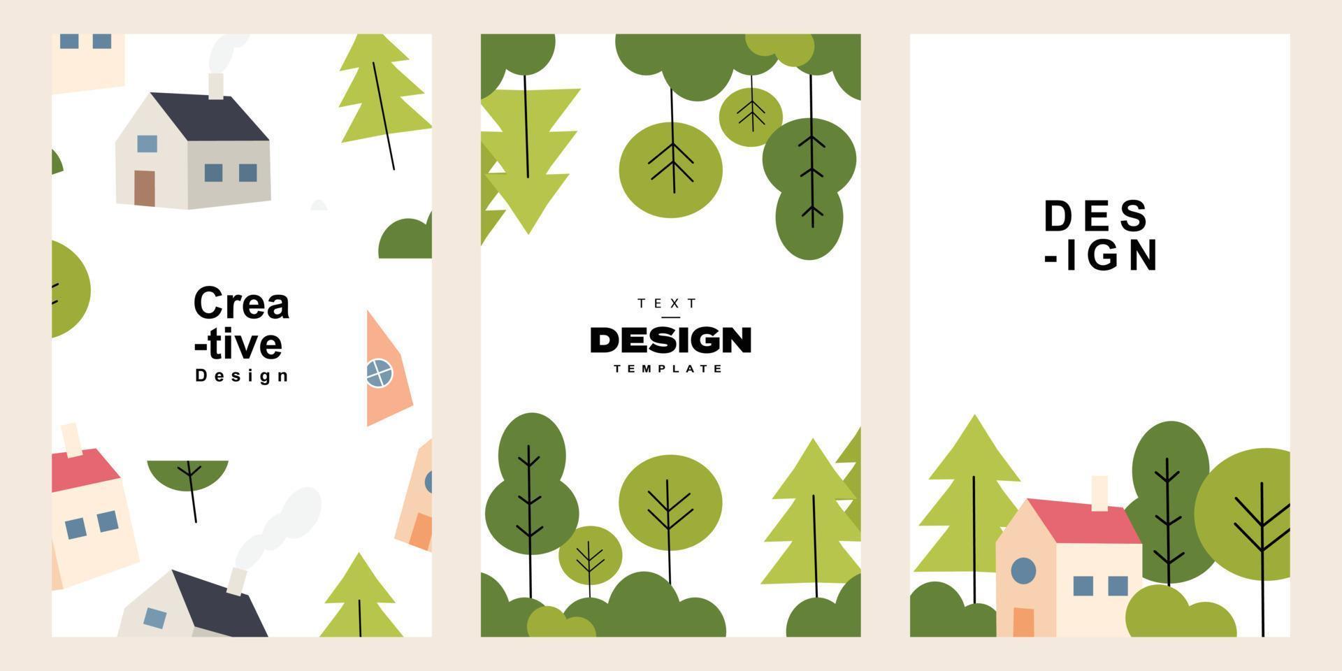 satz niedlicher landplakatschablone im niedlichen flachen design. sammlung von baum- und hausillustrationsdesign vektor