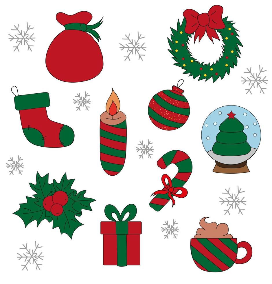 Reihe von Symbolen für Weihnachtsattribute. weihnachtskranz, geschenktüte. Weihnachtsbaum Spielzeug. Schneekugel mit einem Weihnachtsbaum. Kerze und Zuckerstange. Geschenksocke mit Mistel. Geschenkbox. vektor