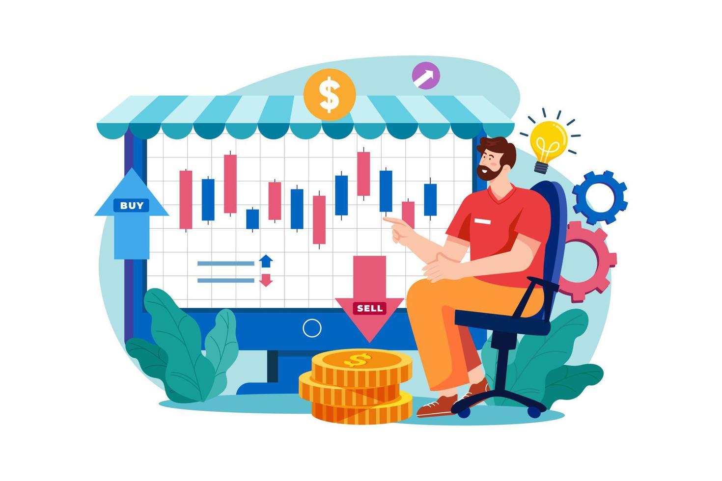 investerare analyserar stock marknadsföra illustration begrepp. en platt illustration isolerat på vit bakgrund vektor