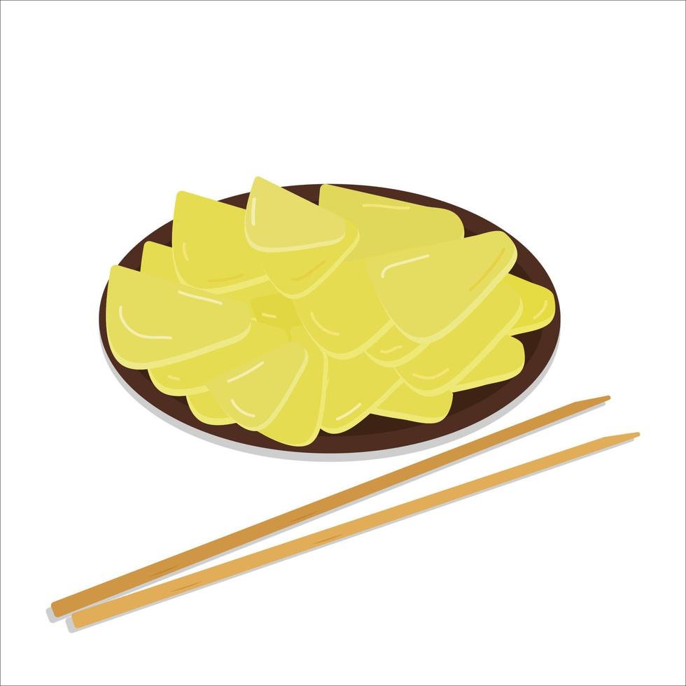 inlagd daikon i en tallrik på en vit bakgrund med bambu pinnar är en friska mat vektor