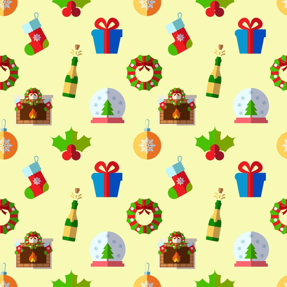 neujahr, feiertag, weihnachtskonzept. nahtloses muster aus socke, geschenkbox, kranz, kugel, mistel. Perfekt zum Verpacken, Postkarten, Hüllen, Stoff, Textil vektor
