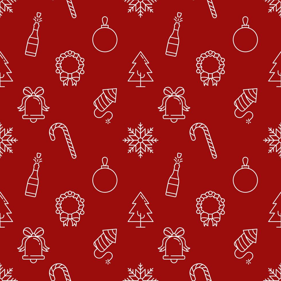 weihnachts- und neujahrskonzept. nahtloses muster aus champagner, kugel, kranz, baum, feuerwerk, schneeflocke. Perfekt zum Verpacken, Postkarten, Hüllen, Stoff, Textil vektor