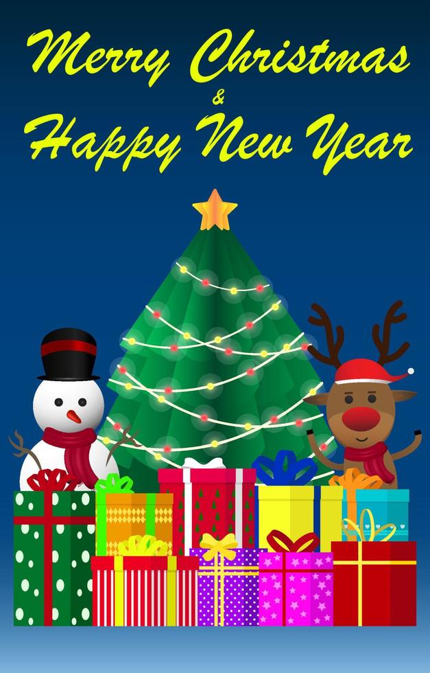glad jul och Lycklig ny år. snögubbe ren överraskning gåva lådor tall träd och glöd gul jul text på natt blå bakgrund. design för hälsning kort baner affisch i papper skära. vektor