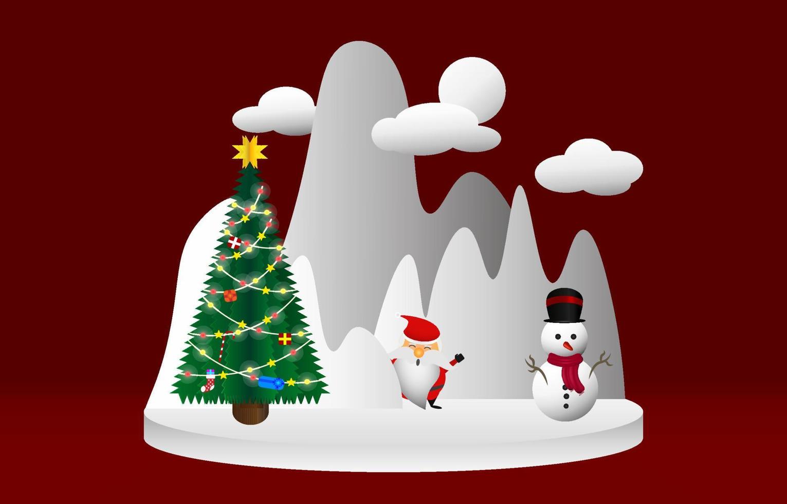 Weihnachtsthema. weihnachtsmann schneemann und weihnachtsbaum stehen auf dem podium. weißer hintergrund von schneebedeckten bergen und wolken in einem roten themenrahmen. Design für Grußkarten Banner Poster Papierschnitt. vektor