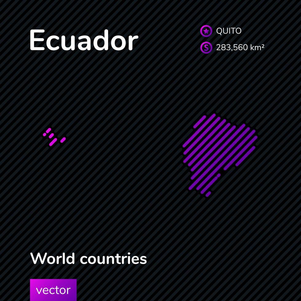Vektor stilisierte flache Karte von Ecuador, in trendigen schwarzen und violetten Farben auf gestreiftem Hintergrund. Bildungsbanner