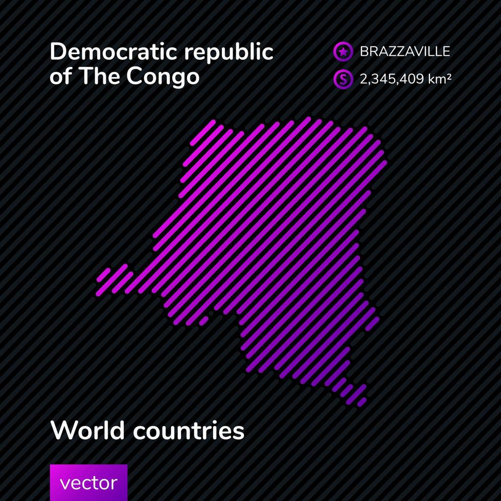 vektor platt Karta av demokratisk republik av de kongo i violett färger på randig svart bakgrund. pedagogisk baner