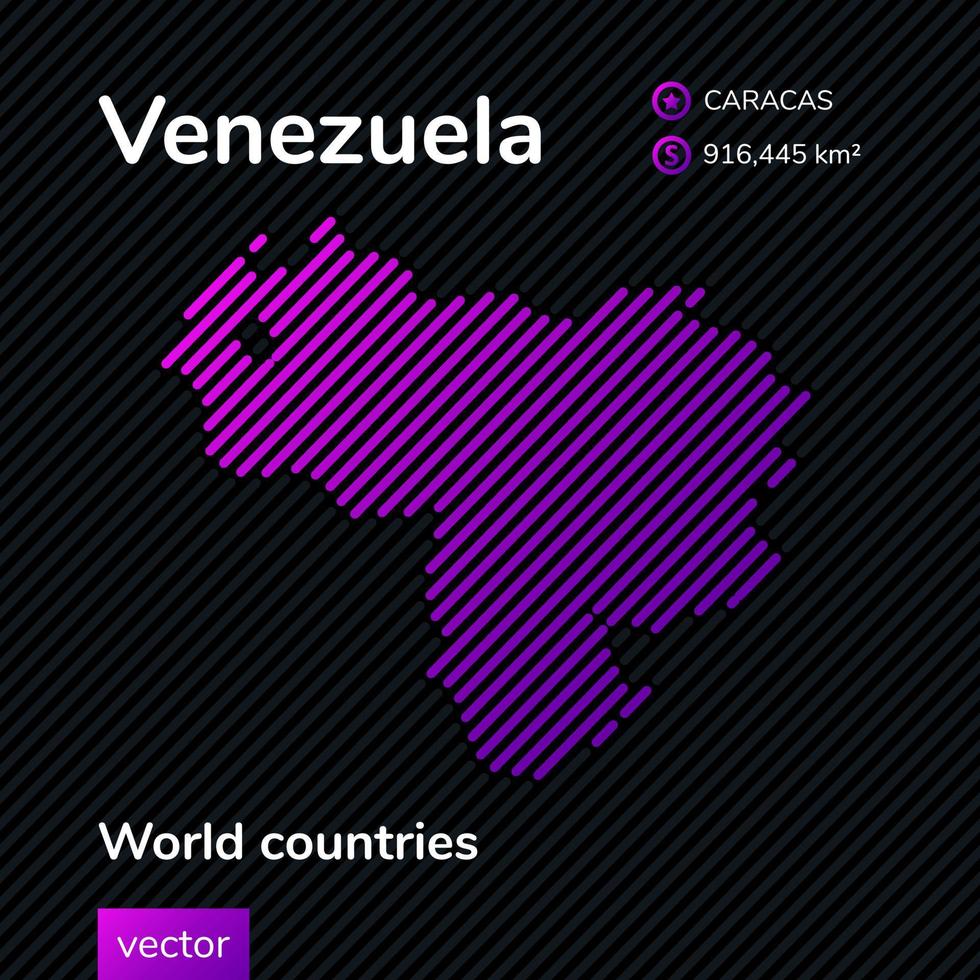 vektor kreativ digital neon platt Karta av venezuela med violett, lila, rosa randig textur på svart bakgrund. pedagogisk baner, affisch handla om venezuela