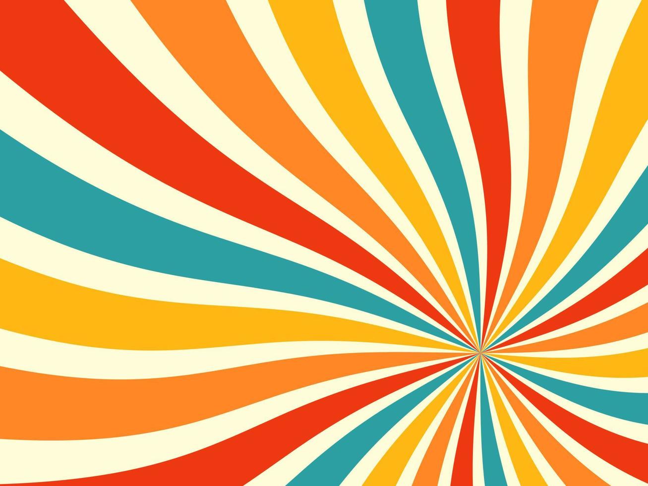 abstrakter Spiral-, Starburst- oder Sunburst-Hintergrund. bunte Retro-Stil-Streifen-Kulisse. Vintage-Kunst der 70er Jahre. grafische vorlage für banner- oder posterdesignkonzept. kostenlose vektortapetenillustration. vektor