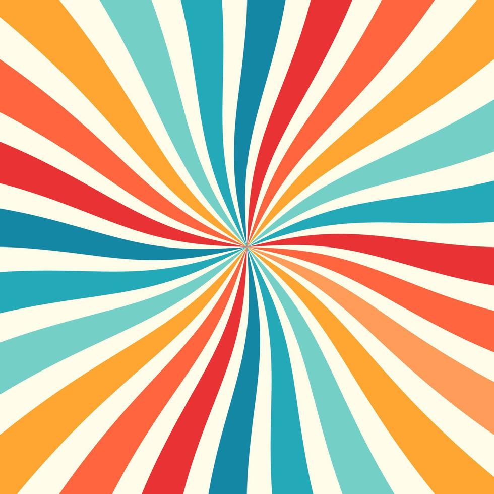 abstrakter Spiral-, Starburst- oder Sunburst-Hintergrund. bunte Retro-Stil-Streifen-Kulisse. Vintage-Kunst der 70er Jahre. grafische vorlage für banner- oder posterdesignkonzept. kostenlose vektortapetenillustration. vektor