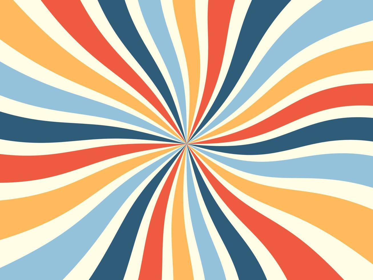 abstrakter Spiral-, Starburst- oder Sunburst-Hintergrund. bunte Retro-Stil-Streifen-Kulisse. Vintage-Kunst der 70er Jahre. grafische vorlage für banner- oder posterdesignkonzept. kostenlose vektortapetenillustration. vektor