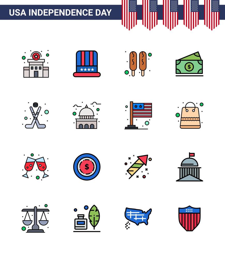 16 USA platt fylld linje tecken oberoende dag firande symboler av is amerikan majs hund USA pengar redigerbar USA dag vektor design element