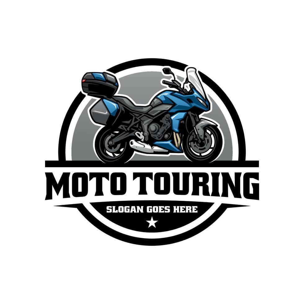 motorrad mit touring-seitenkastenillustrations-logovektor vektor