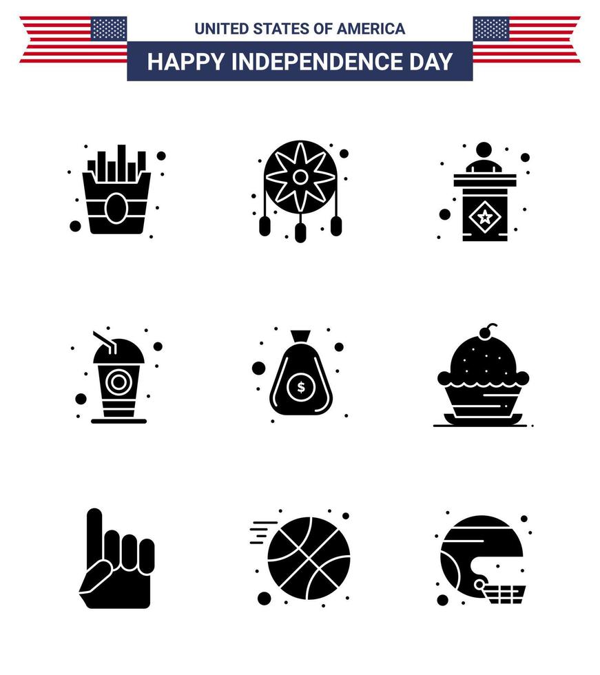 9 usa Solid Glyph Pack of Independence Day Zeichen und Symbole von Bag Dollar Election Soda Cola editierbare usa Day Vektordesign-Elemente vektor