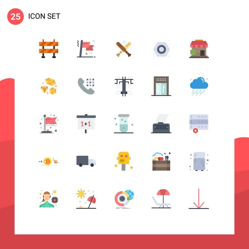 25 flache Farbpakete für Benutzeroberflächen mit modernen Zeichen und Symbolen für bearbeitbare Vektordesign-Elemente für Ladenschutz, Fledermausversicherung, Klempner vektor