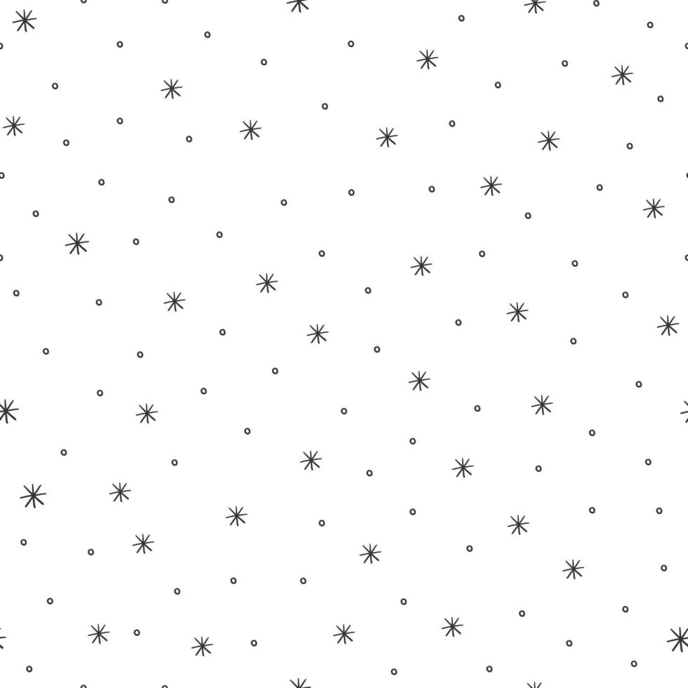 einfaches nahtloses muster der schneeflocke. schwarzer Schnee auf weißem Hintergrund. unregelmäßige flocken und punktstruktur. vektorillustration für weihnachtsgrußkarte, papier, stoff, design. vektor