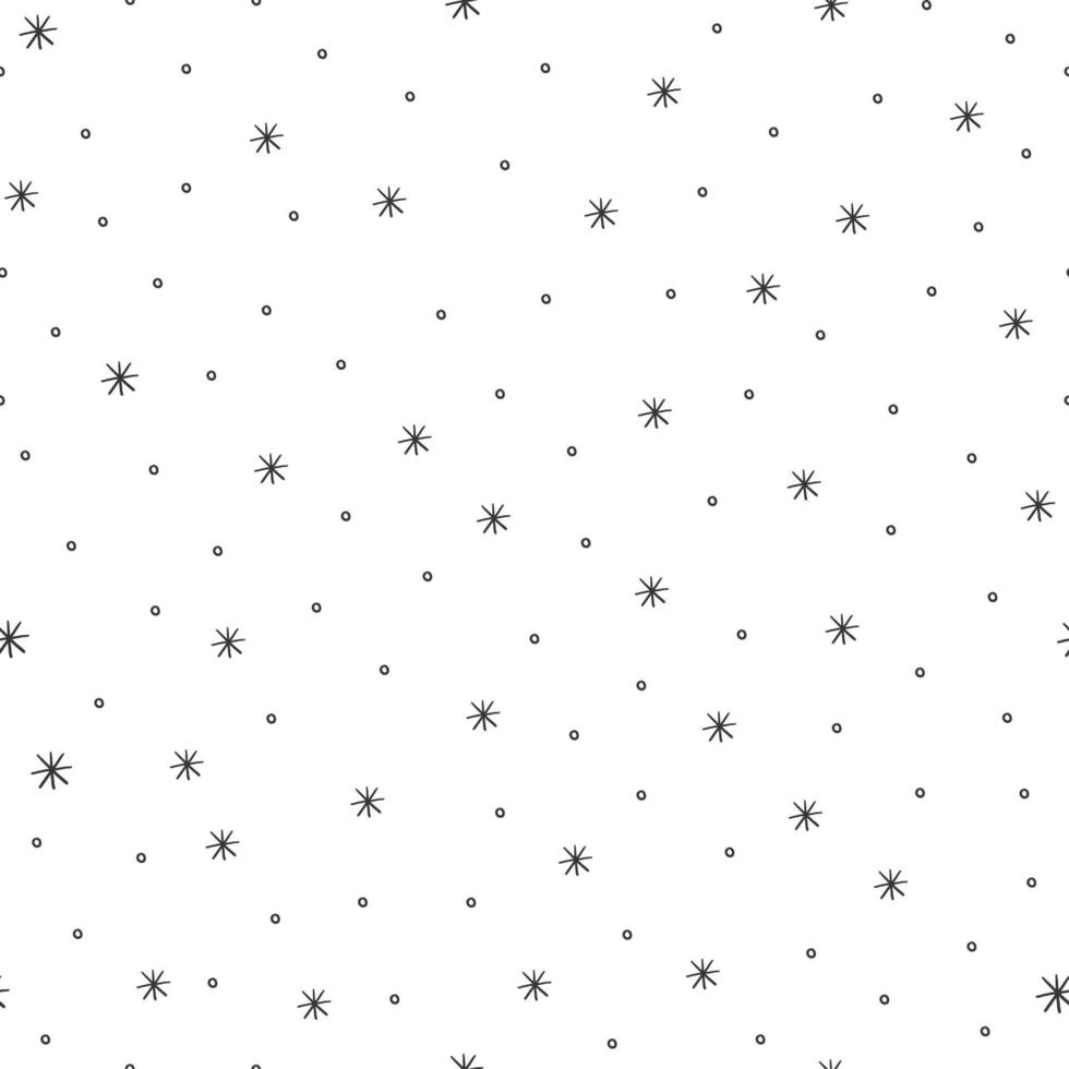 enkel snöflinga sömlös mönster. svart snö på vit bakgrund. oregelbunden flingor och prickar textur. vektor illustration för jul hälsning kort, papper, tyg, design.