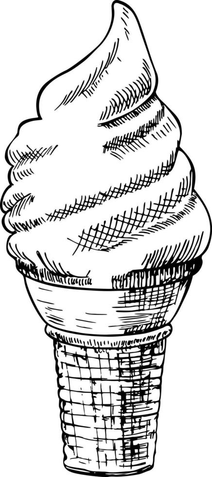 Eis mit einem Waffelrohr. Eistüte-Skizze. hand gezeichneter aromatisierter dessert lokalisiert auf weißem hintergrund. Vintage-Vektor-Illustration vektor