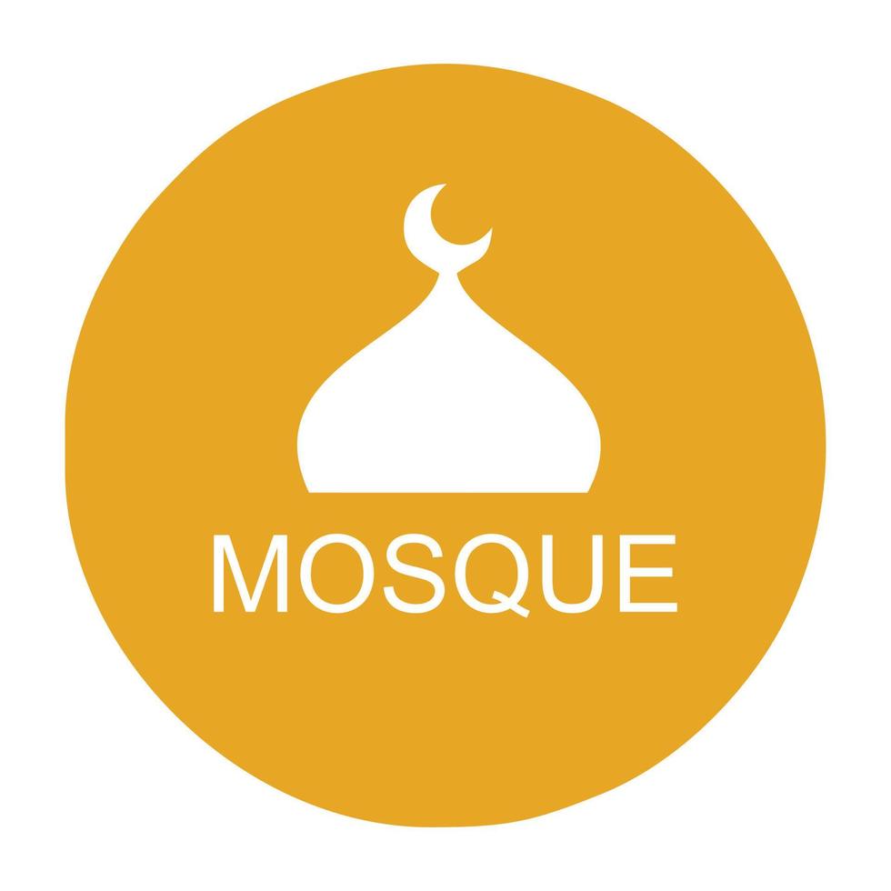 das Logo oder Symbol der weißen Moschee in einem orangefarbenen runden Schild. bearbeitbares Symbol für Moschee oder Gebetsraum. geeignet als Hinweisschild im Andachtsraum im öffentlichen Bereich oder auf Prospekten vektor