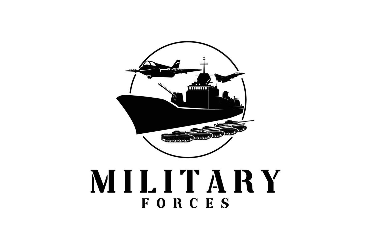 årgång kämpe jet luft tvinga Marin täta fartyg och tank för militär armén soldat logotyp design vektor