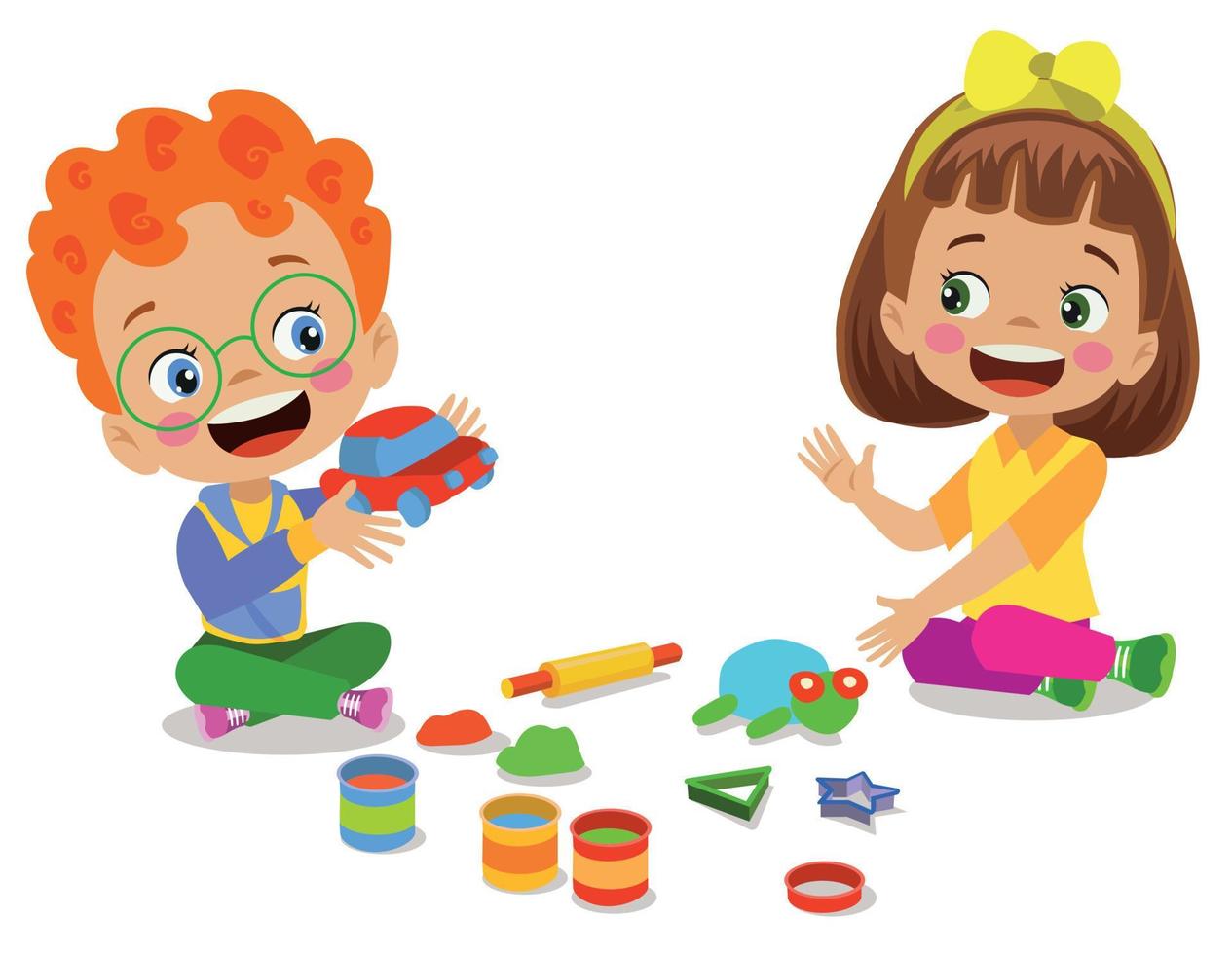 kleine kinder und freunde spielen mit spielzeug-tonplastilin vektor