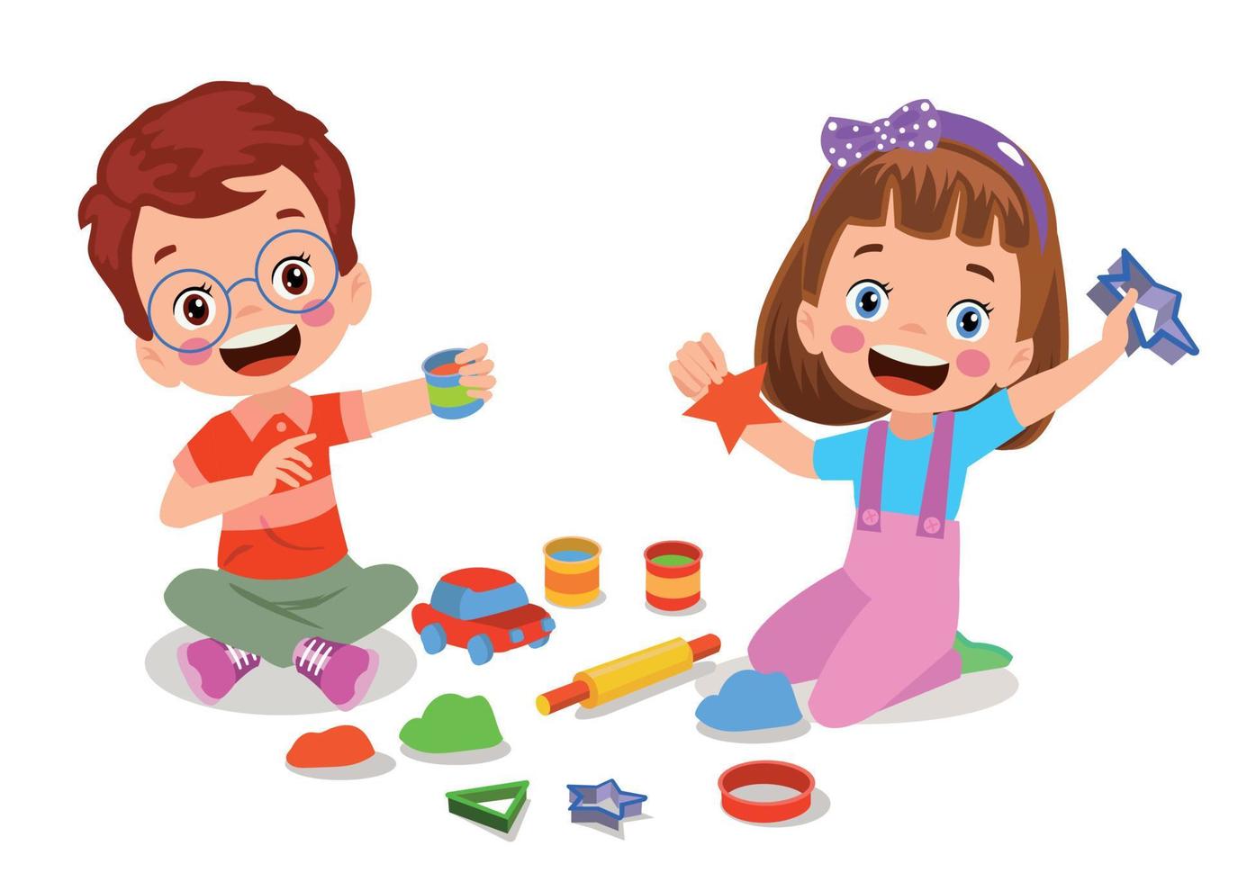 liten barn och vän spela med leksak lera plastin vektor