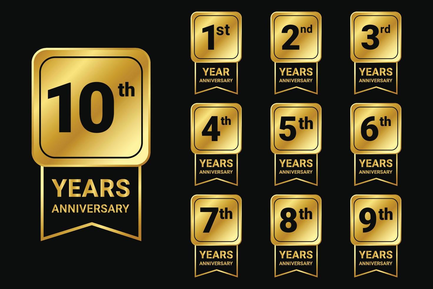 1 till 10 år årsdag gyllene bricka etiketter uppsättning samling. vektor
