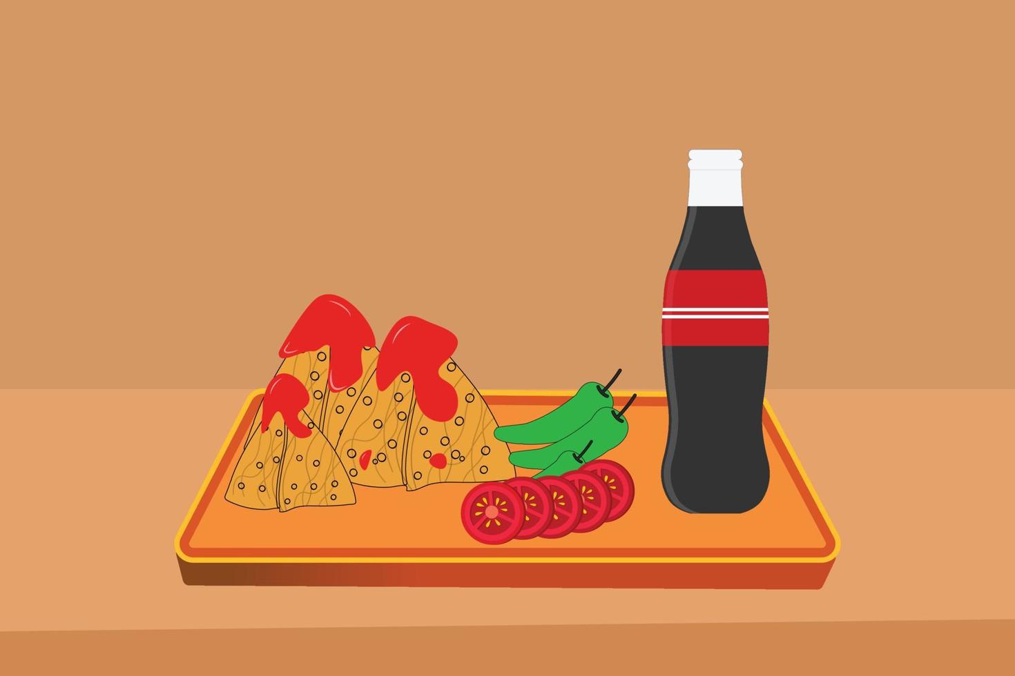 samosa med tomat sås och peppar med koks fas mat vektor illustration design