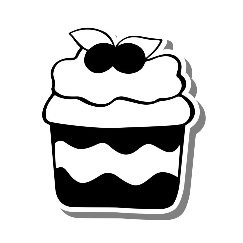 Monochromer Cupcake mit Kirsche auf weißer Silhouette und grauem Schatten. vektorillustration für dekoration oder irgendein design. vektor