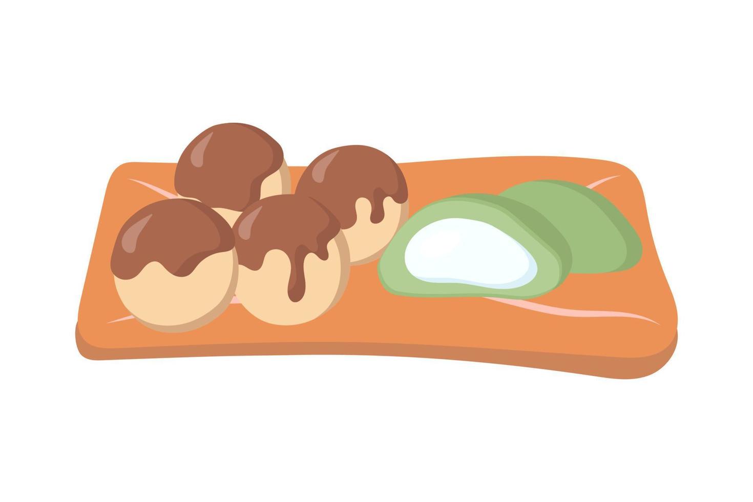 asiatisk dango och mochi sötsaker på en trä- tallrik. vektor illustration