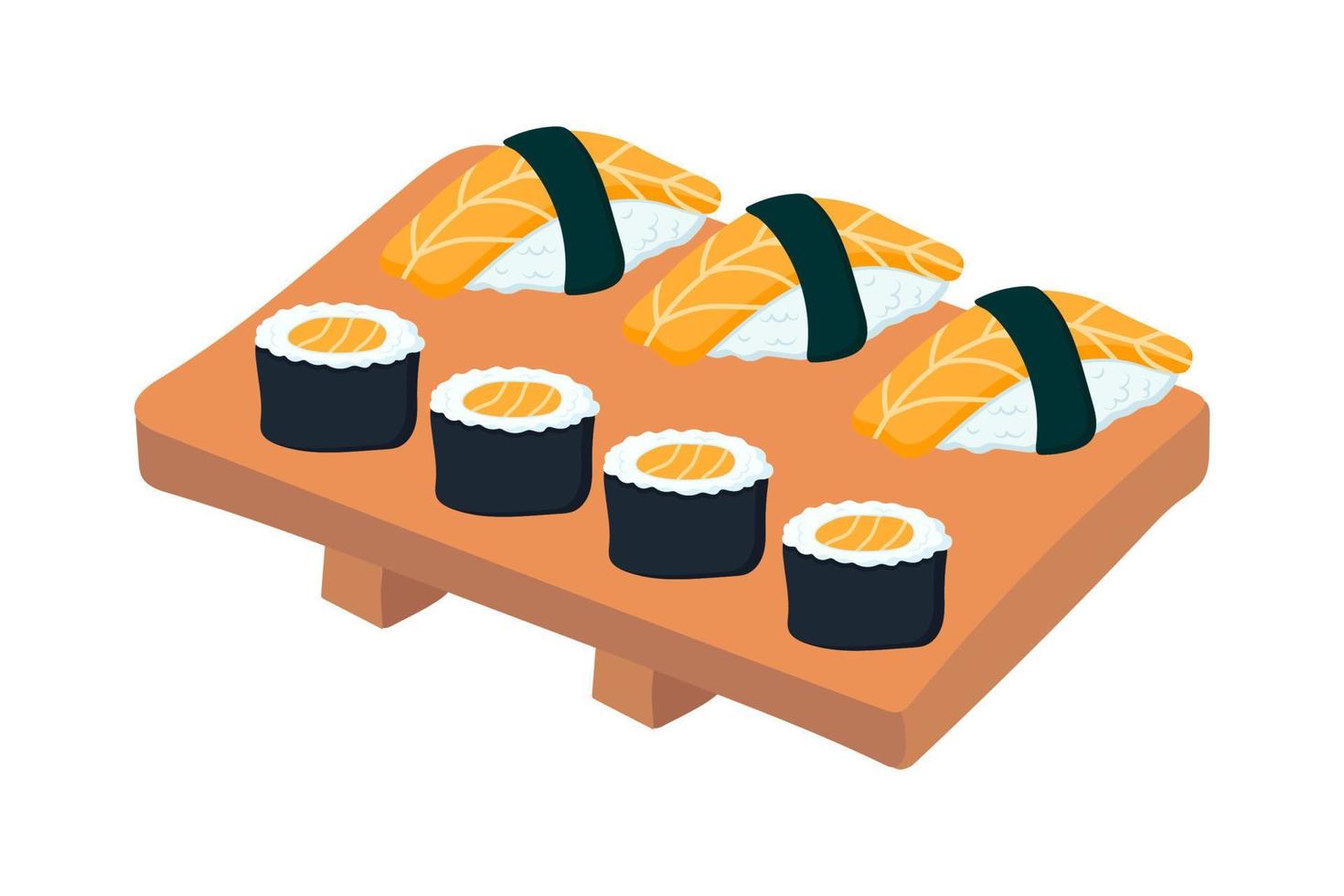 en uppsättning av sushi och rullar med lax på en trä- tallrik. vektor illustration