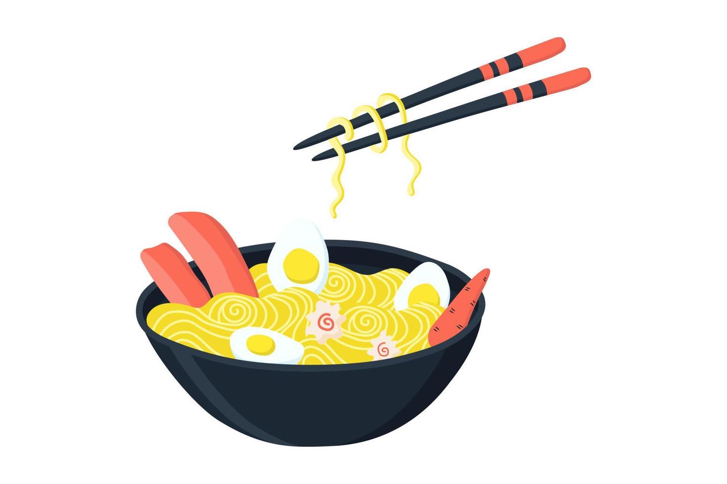 Ramen in einem Teller und Essstäbchen mit Nudeln. Vektor-Illustration vektor