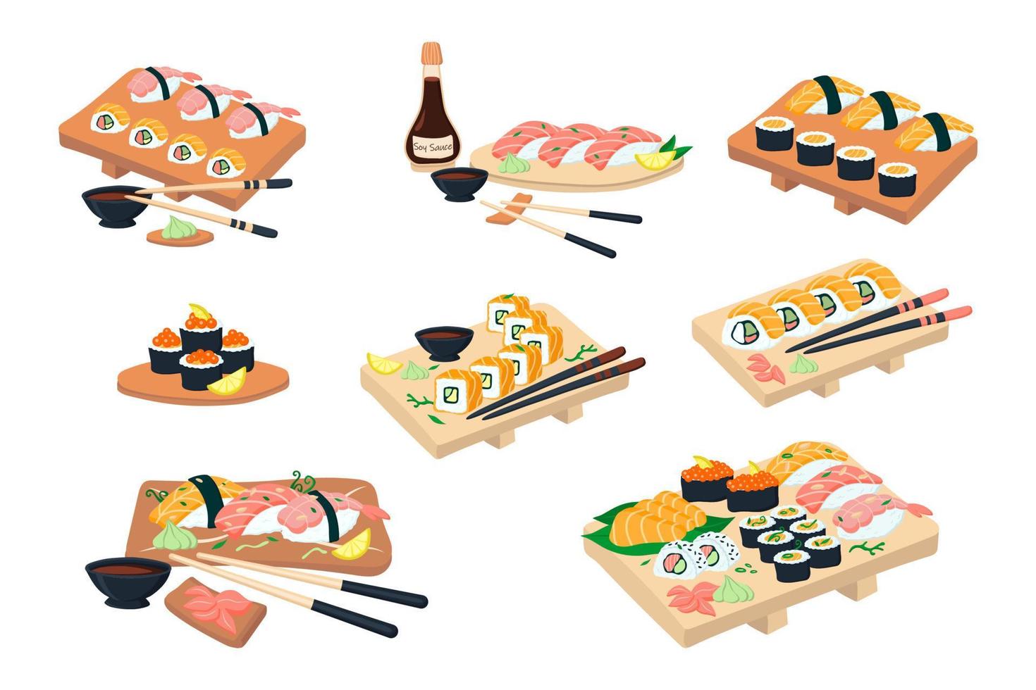 großes Sushi-Set auf einer Holzplatte. Vektor-Illustration vektor