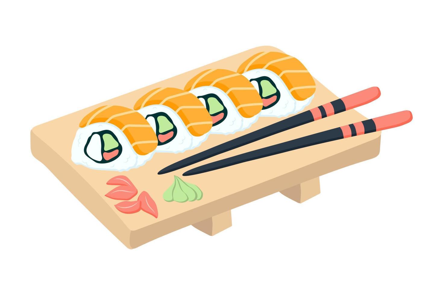sushi uppsättning med lax på en trä- tallrik. vektor illustration