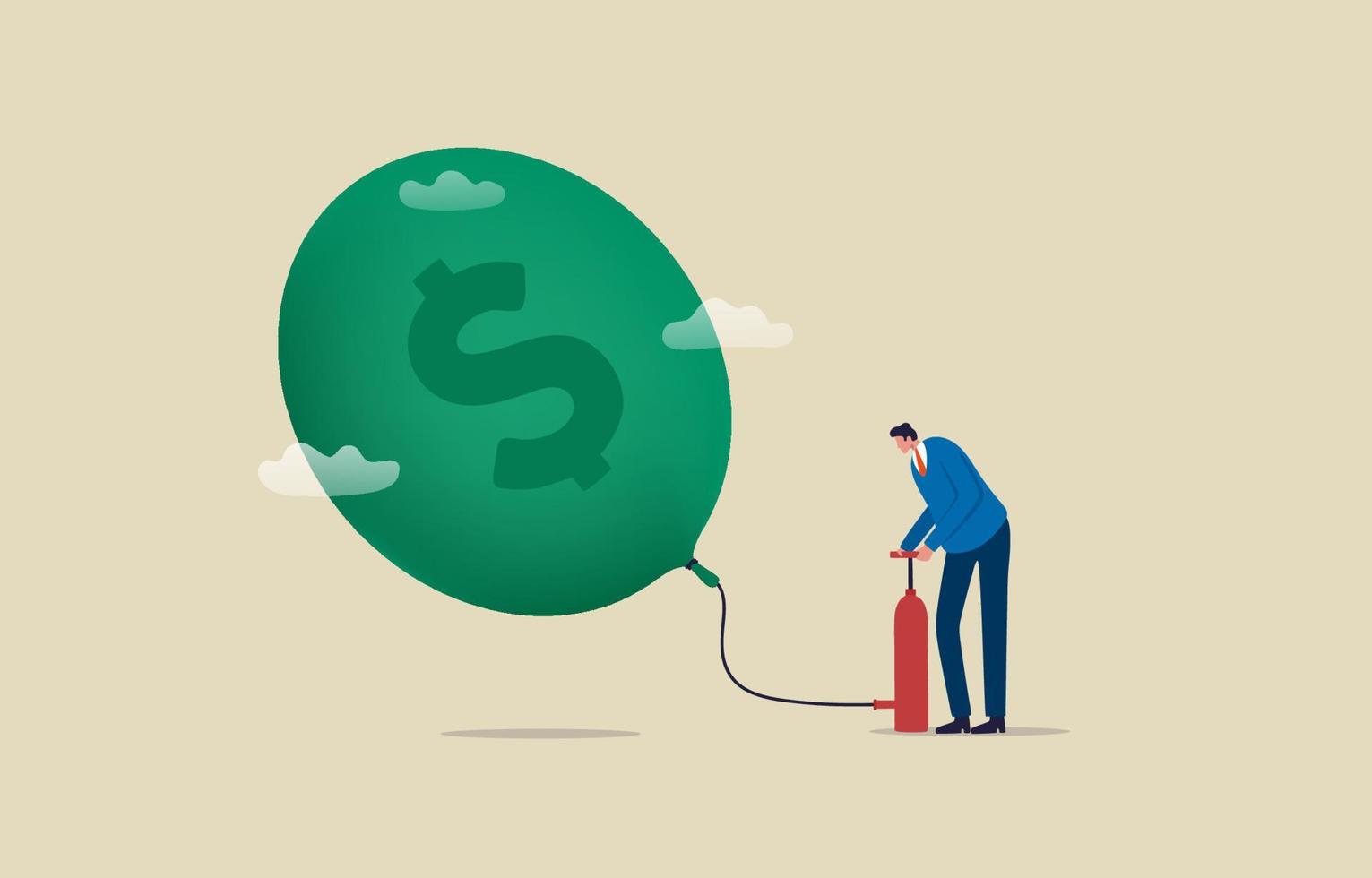 inflation bubbla och de finansiell. kris ekonomisk lågkonjunktur. affärsman uppblåsnings dollar tecken ballong med däck pump. illustration vektor