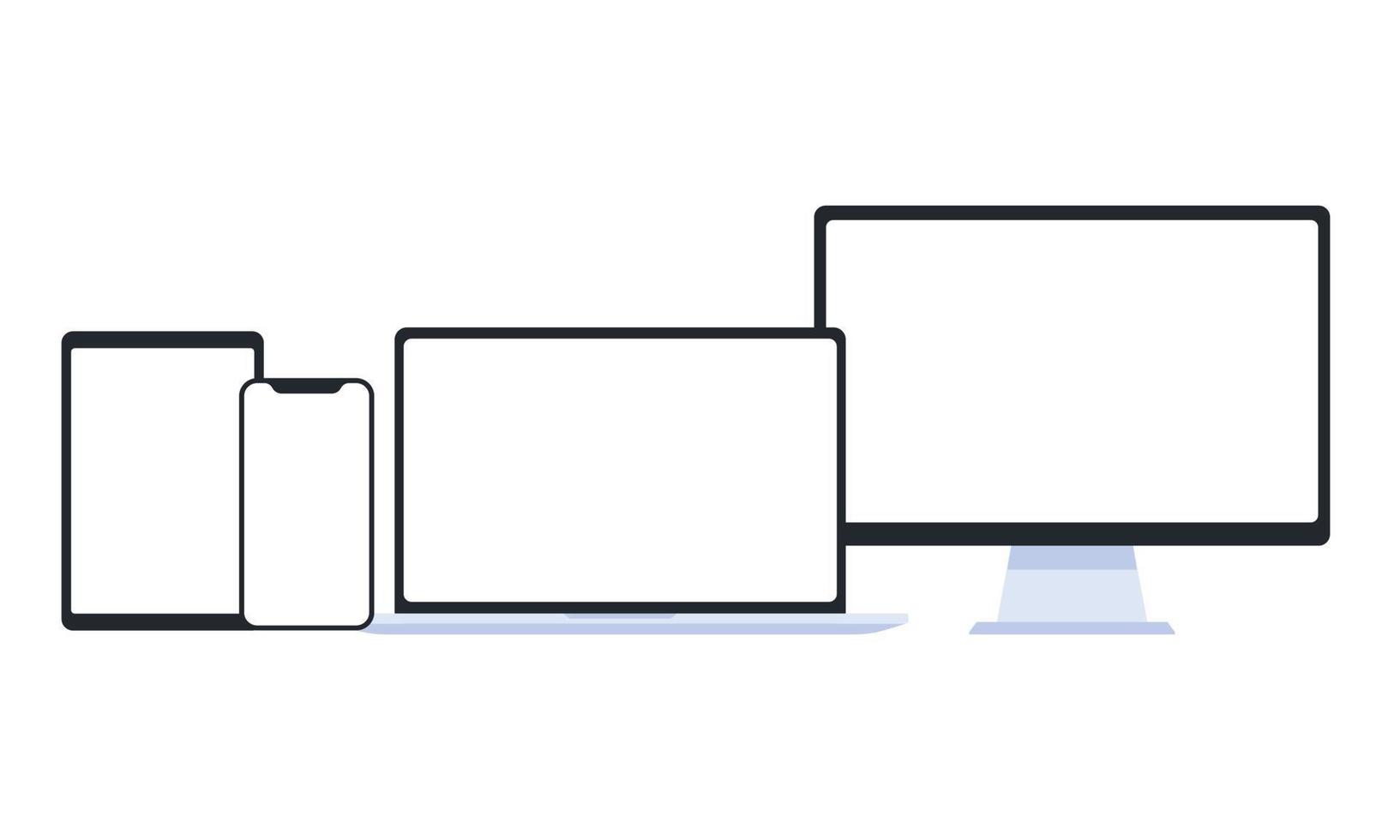 Modernes Smartphone, Tablet, Laptop und Monitor mit leerem Bildschirm. satz flache vektorelektronische geräte lokalisiert auf weißem hintergrund vektor