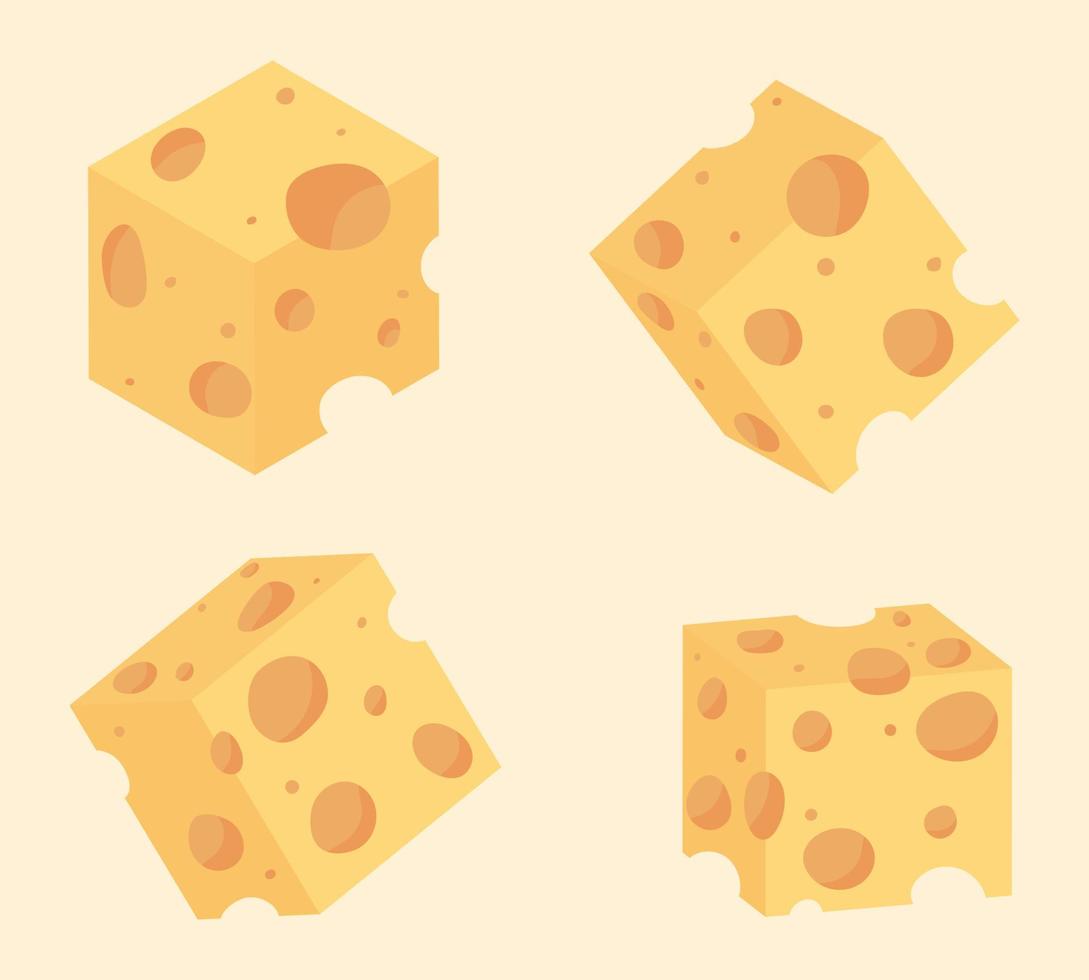 uppsättning av ost kub tecknad serie illustration. ost platt ikon samling. vektor kuber av gul ost i platt stil isolerat på gul bakgrund