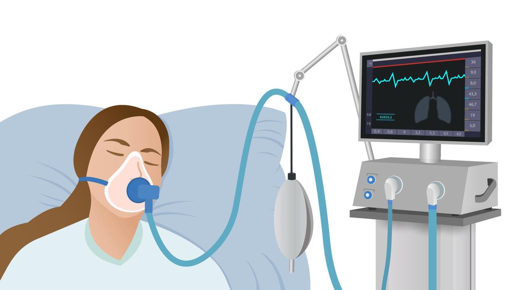 Der Patient liegt mit einer Sauerstoffmaske an einem Beatmungsgerät in kritischem Zustand auf einem Krankenhausbett. notärztliche Versorgung. Wiederbelebung von Patienten vektor