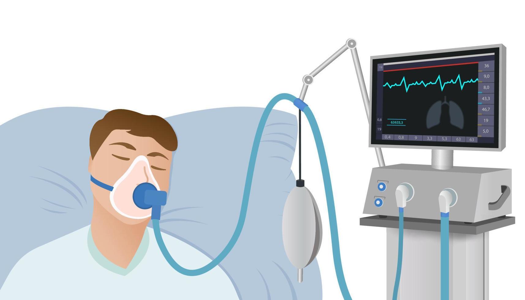 Der Patient liegt mit einer Sauerstoffmaske an einem Beatmungsgerät in kritischem Zustand auf einem Krankenhausbett. notärztliche Versorgung. Wiederbelebung von Patienten vektor