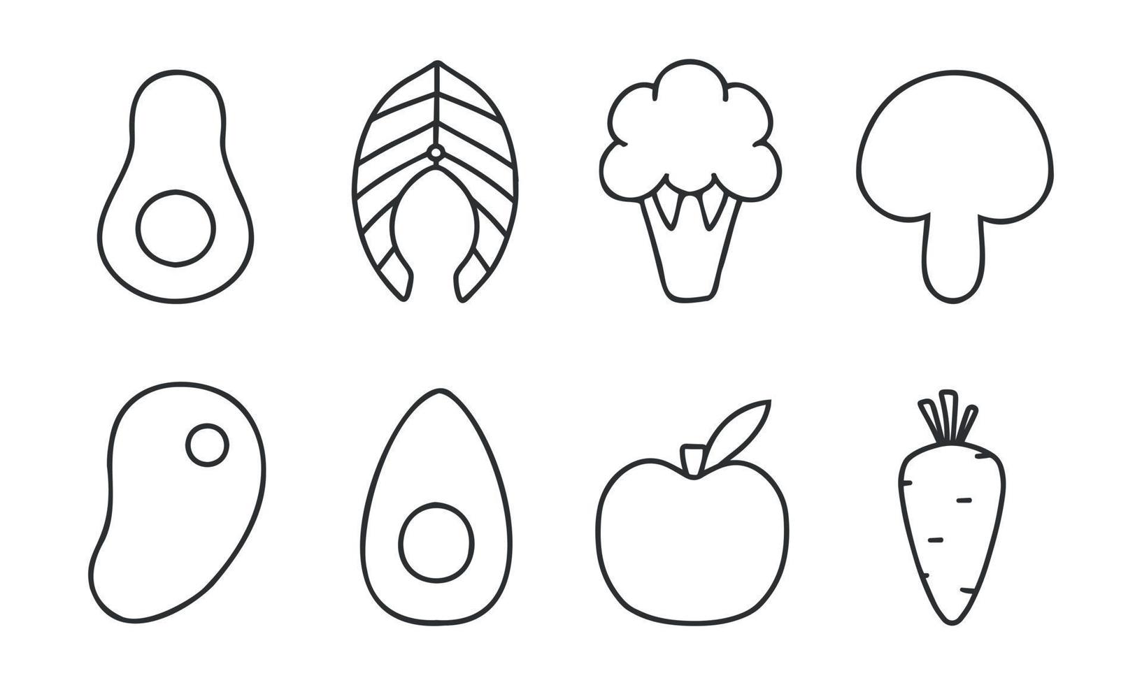 uppsättning av linjär ikoner av friska mat. modern ikoner av rätt näring. vektor illustration. samling av linjär avokado, lax, biff, äpple, ägg, morot.