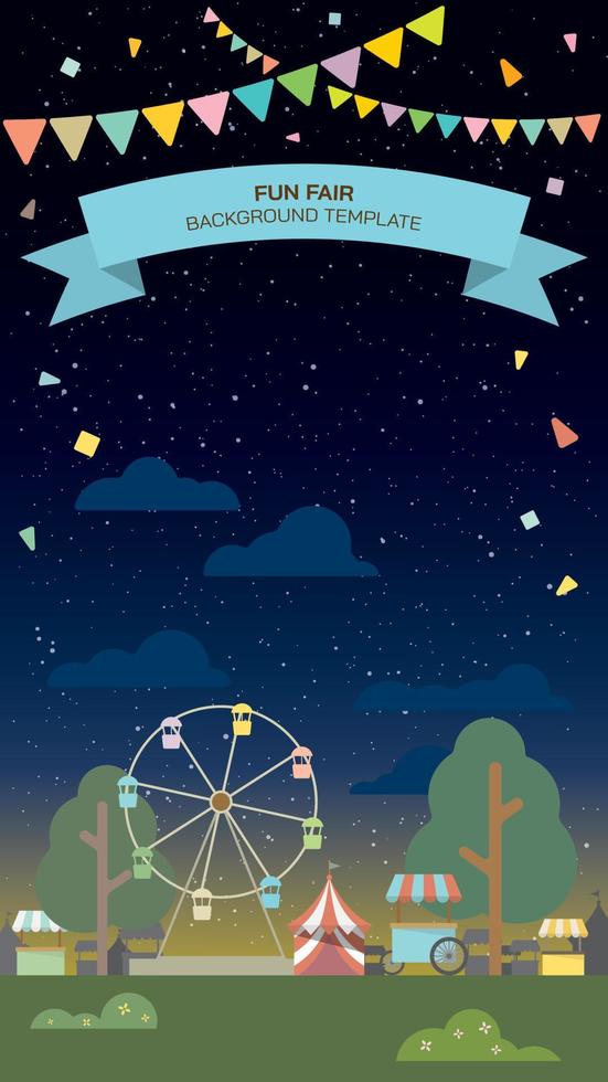flache vertikale illustration von karneval, zirkus, vergnügungspark oder vergnügungspark mit himmel bei nacht hintergrund haben leerzeichen. nachtmarkt-illustrationsvorlage. vektor
