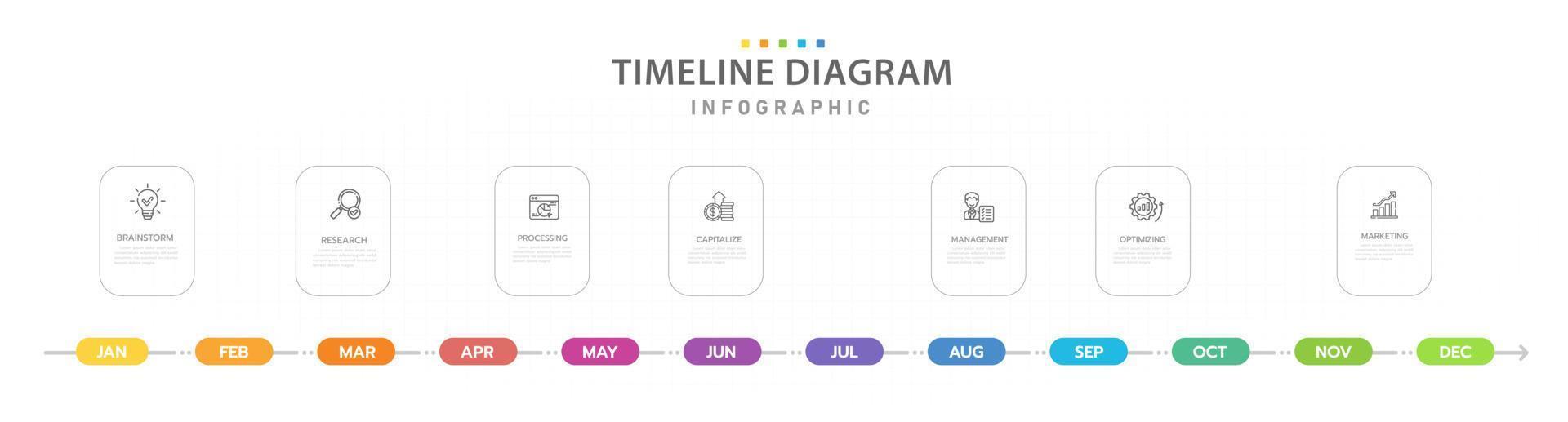 Infografik-Vorlage für Unternehmen. 12 Monate moderner Timeline-Diagrammkalender mit rechteckigen Themen, Präsentationsvektor-Infografik. vektor