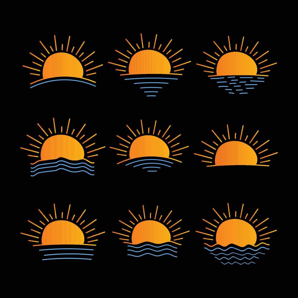 uppsättning av Sol ikon hand dragen sommar soluppgång solnedgång solsken Sol logotyp ikon hav hav Sol isolerat vektor illustration