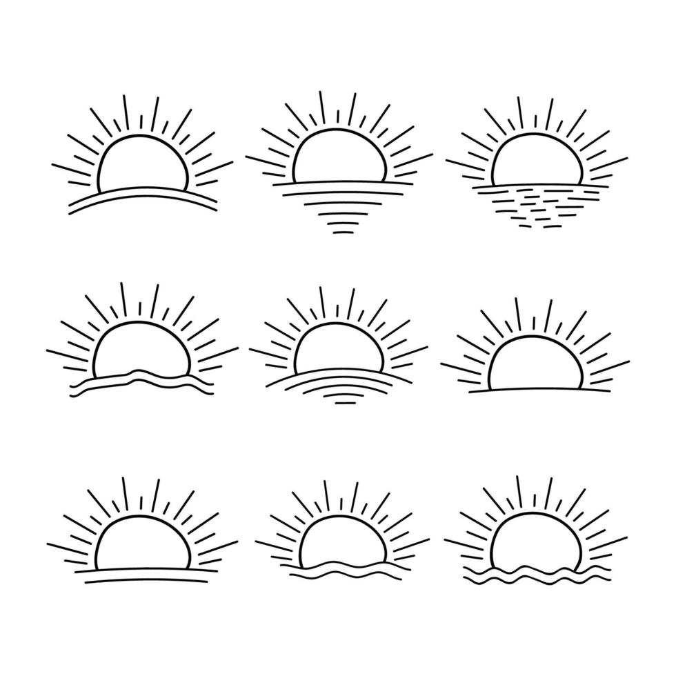 uppsättning av Sol ikon hand dragen sommar soluppgång solnedgång solsken Sol logotyp ikon hav hav Sol isolerat vektor illustration