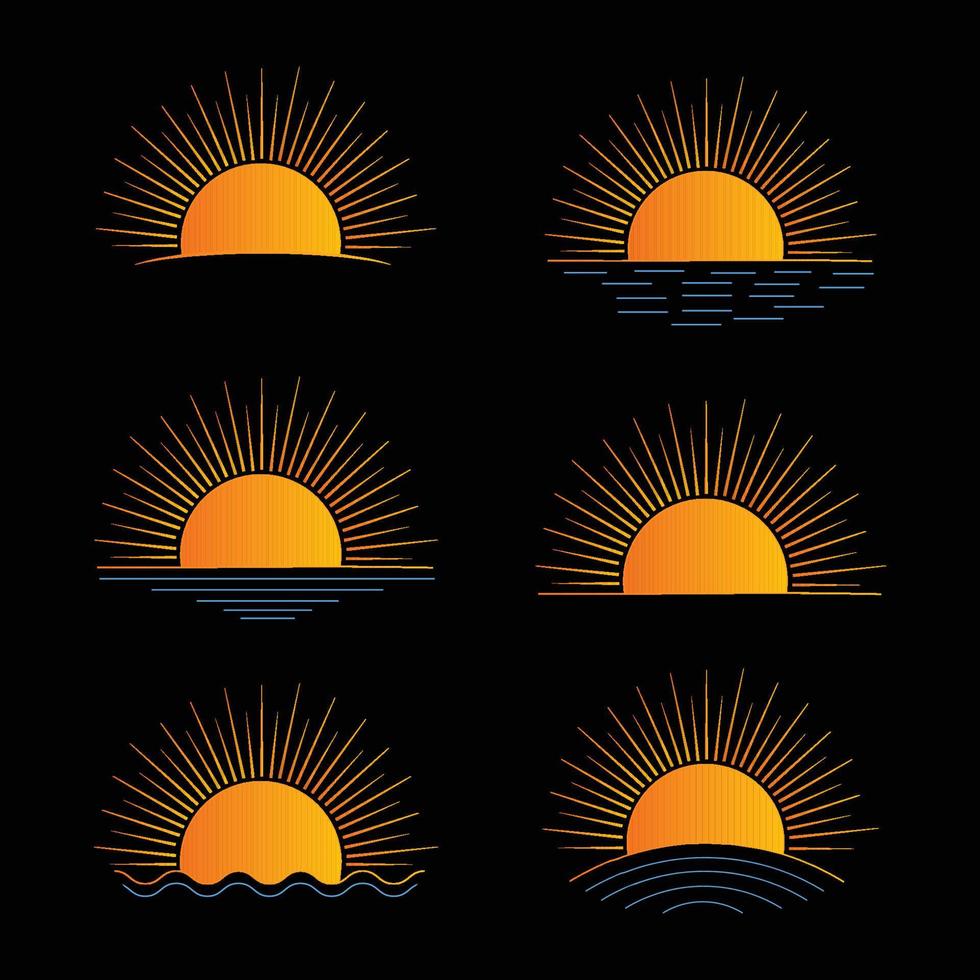 satz sonnensymbol hand gezeichnet sommer sonnenaufgang sonnenuntergang sonnenschein sonne logo symbol meer ozean sonne isolierte vektorillustration vektor